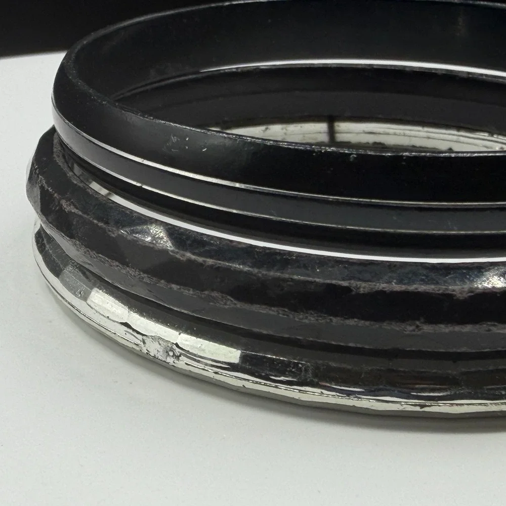 Black Silver Tone Bangle Bracelet Set of 3 Faceted Stackable Chunky Gothic Y2K